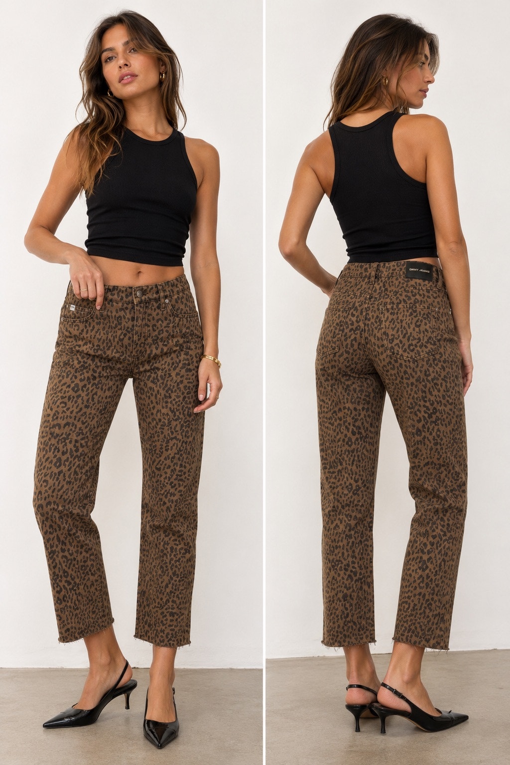 Dkny Jeans Leopard Print Straight Leg Crop Jeans Brown Stretch Raw Hem Size 31